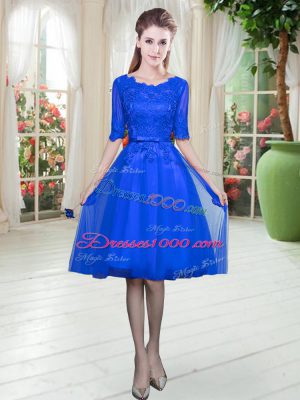Modest Royal Blue Scoop Neckline Lace Prom Gown Half Sleeves Lace Up