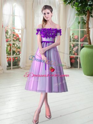 Tea Length Lilac Dress for Prom Off The Shoulder Sleeveless Lace Up