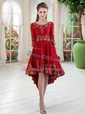 A-line Homecoming Dress Wine Red Scoop Satin Long Sleeves High Low Lace Up