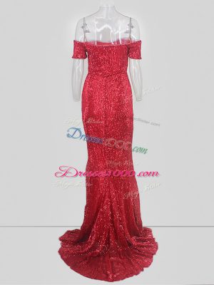 Sumptuous Red Mermaid Off The Shoulder Short Sleeves Sweep Train Sequins Evening Dress