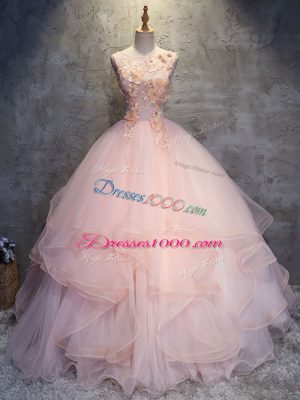 Pink Scoop Lace Up Appliques and Ruffles Quinceanera Gown Sleeveless