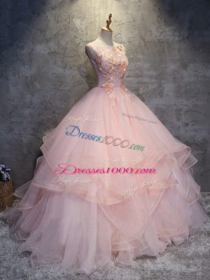 Pink Scoop Lace Up Appliques and Ruffles Quinceanera Gown Sleeveless