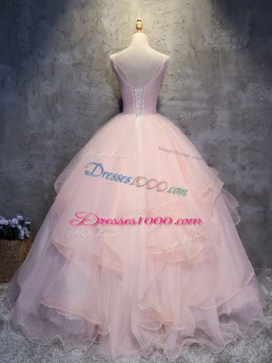 Pink Scoop Lace Up Appliques and Ruffles Quinceanera Gown Sleeveless