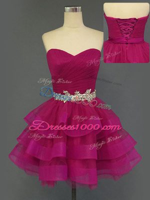 Mini Length Lace Up Prom Dress Fuchsia for Prom and Party with Beading and Ruffled Layers and Ruching