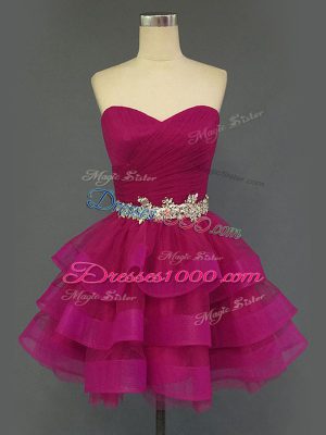 Mini Length Lace Up Prom Dress Fuchsia for Prom and Party with Beading and Ruffled Layers and Ruching