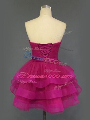 Mini Length Lace Up Prom Dress Fuchsia for Prom and Party with Beading and Ruffled Layers and Ruching