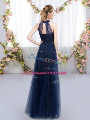 Low Price Navy Blue Wedding Guest Dresses Prom and Party and Wedding Party with Appliques High-neck Sleeveless Lace Up