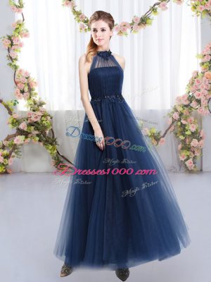 Low Price Navy Blue Wedding Guest Dresses Prom and Party and Wedding Party with Appliques High-neck Sleeveless Lace Up