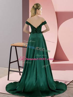 Green Empire Elastic Woven Satin Off The Shoulder Sleeveless Beading Backless Prom Dresses Sweep Train