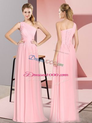 Pink Empire Ruching Prom Party Dress Lace Up Chiffon Sleeveless Floor Length