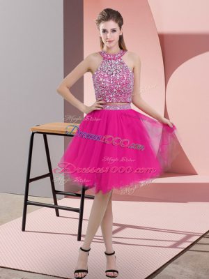 Hot Pink Backless Halter Top Beading Party Dress Wholesale Organza Sleeveless