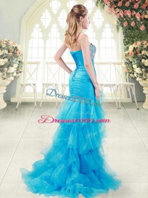 Glorious Fuchsia Sweetheart Lace Up Beading and Ruffled Layers Prom Gown Brush Train Sleeveless