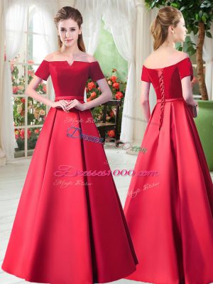 New Style Off The Shoulder Short Sleeves Prom Party Dress Floor Length Belt Red Satin