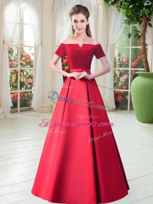 New Style Off The Shoulder Short Sleeves Prom Party Dress Floor Length Belt Red Satin