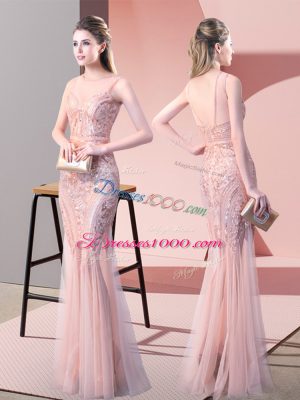 Classical Pink Mermaid Tulle Scoop Sleeveless Sequins Floor Length Backless Prom Gown
