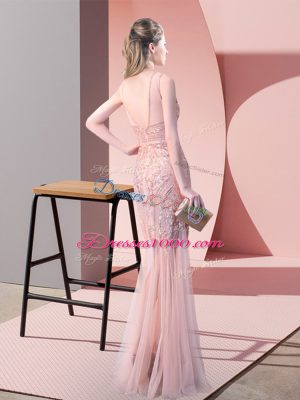 Classical Pink Mermaid Tulle Scoop Sleeveless Sequins Floor Length Backless Prom Gown