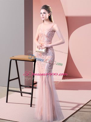 Classical Pink Mermaid Tulle Scoop Sleeveless Sequins Floor Length Backless Prom Gown