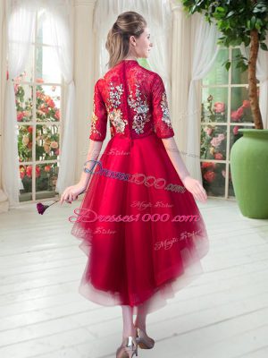 Fuchsia Prom Party Dress Prom and Party with Appliques High-neck Half Sleeves Zipper