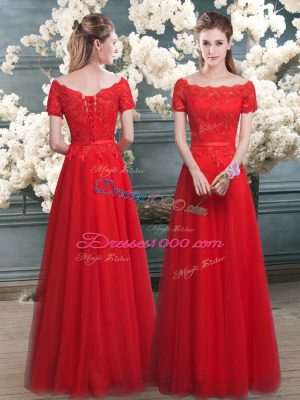 Custom Designed Red A-line Tulle Off The Shoulder Short Sleeves Lace Floor Length Lace Up Prom Party Dress