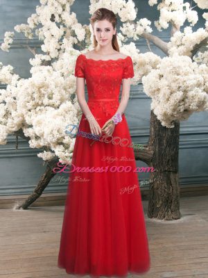 Custom Designed Red A-line Tulle Off The Shoulder Short Sleeves Lace Floor Length Lace Up Prom Party Dress