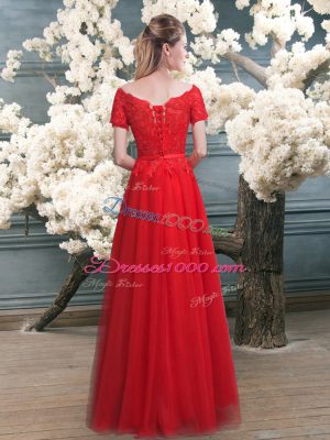 Custom Designed Red A-line Tulle Off The Shoulder Short Sleeves Lace Floor Length Lace Up Prom Party Dress