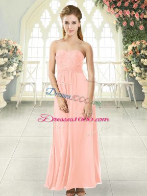 Peach Sleeveless Lace Ankle Length Prom Evening Gown