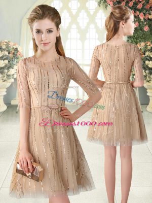 Traditional Scoop Half Sleeves Zipper Prom Dress Champagne Tulle