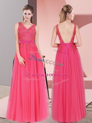 Custom Design Tulle V-neck Sleeveless Backless Lace Dress for Prom in Hot Pink