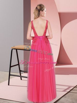 Custom Design Tulle V-neck Sleeveless Backless Lace Dress for Prom in Hot Pink