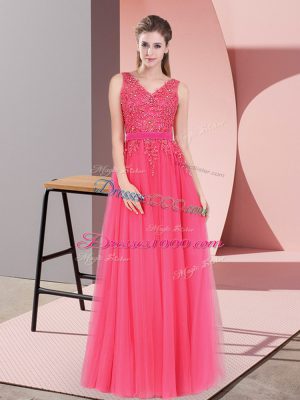 Custom Design Tulle V-neck Sleeveless Backless Lace Dress for Prom in Hot Pink