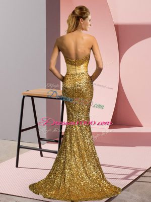 Gold Zipper Prom Dress Beading Sleeveless Sweep Train