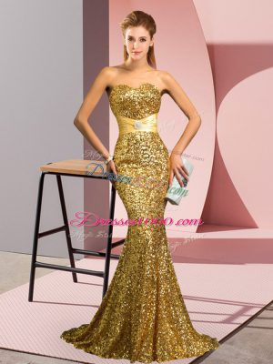 Gold Zipper Prom Dress Beading Sleeveless Sweep Train