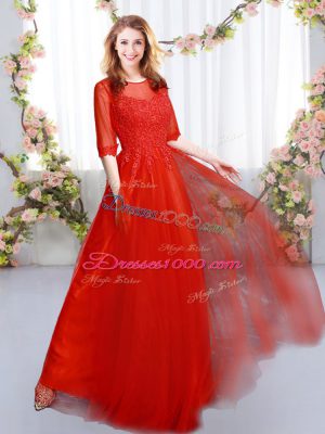 Ideal Empire Damas Dress Red Scoop Tulle Half Sleeves Floor Length Zipper