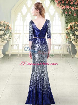 Royal Blue Sequined Zipper Prom Gown Half Sleeves Floor Length Belt