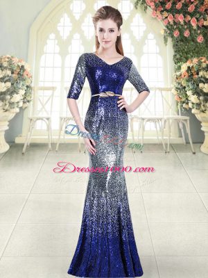 Royal Blue Sequined Zipper Prom Gown Half Sleeves Floor Length Belt