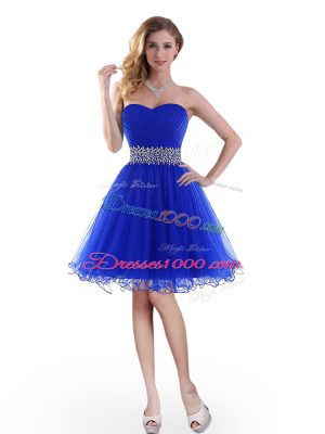 Royal Blue Sleeveless Beading Knee Length Party Dress for Girls