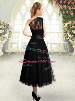 Top Selling Tea Length A-line Sleeveless Black Prom Gown Side Zipper