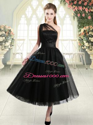 Top Selling Tea Length A-line Sleeveless Black Prom Gown Side Zipper