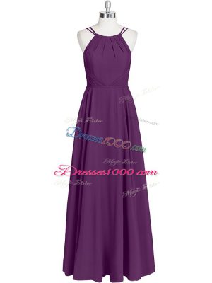 Free and Easy Floor Length Eggplant Purple Prom Dresses Chiffon Sleeveless Ruching