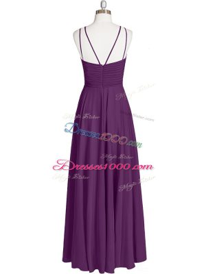 Free and Easy Floor Length Eggplant Purple Prom Dresses Chiffon Sleeveless Ruching