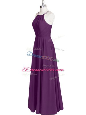 Free and Easy Floor Length Eggplant Purple Prom Dresses Chiffon Sleeveless Ruching