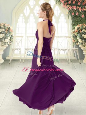 Sleeveless Chiffon Floor Length Backless Evening Outfits in Purple with Ruching