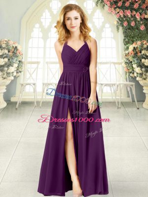 Sleeveless Chiffon Floor Length Backless Evening Outfits in Purple with Ruching