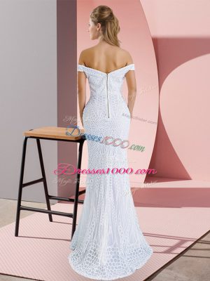 White Mermaid Off The Shoulder Sleeveless Ruching Zipper Prom Evening Gown Sweep Train