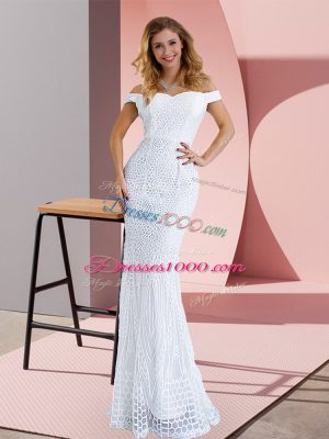 White Mermaid Off The Shoulder Sleeveless Ruching Zipper Prom Evening Gown Sweep Train