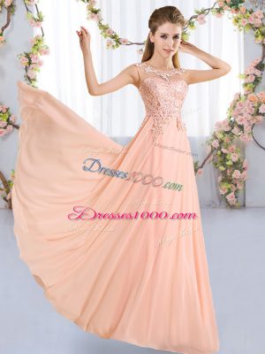 Peach Lace Up Bridesmaid Dress Lace Sleeveless Floor Length