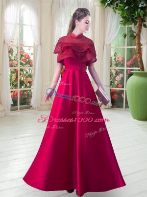 Red Zipper Evening Gowns Lace Short Sleeves Floor Length