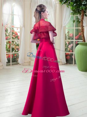 Red Zipper Evening Gowns Lace Short Sleeves Floor Length