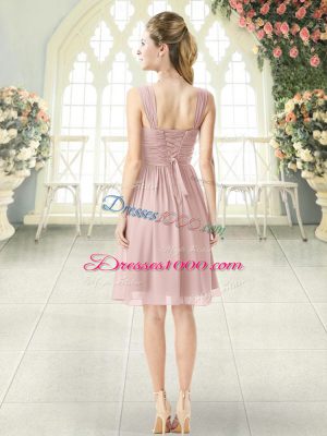 Pretty Straps Sleeveless Homecoming Dress Knee Length Ruching Pink Chiffon