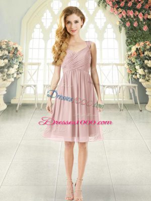 Pretty Straps Sleeveless Homecoming Dress Knee Length Ruching Pink Chiffon